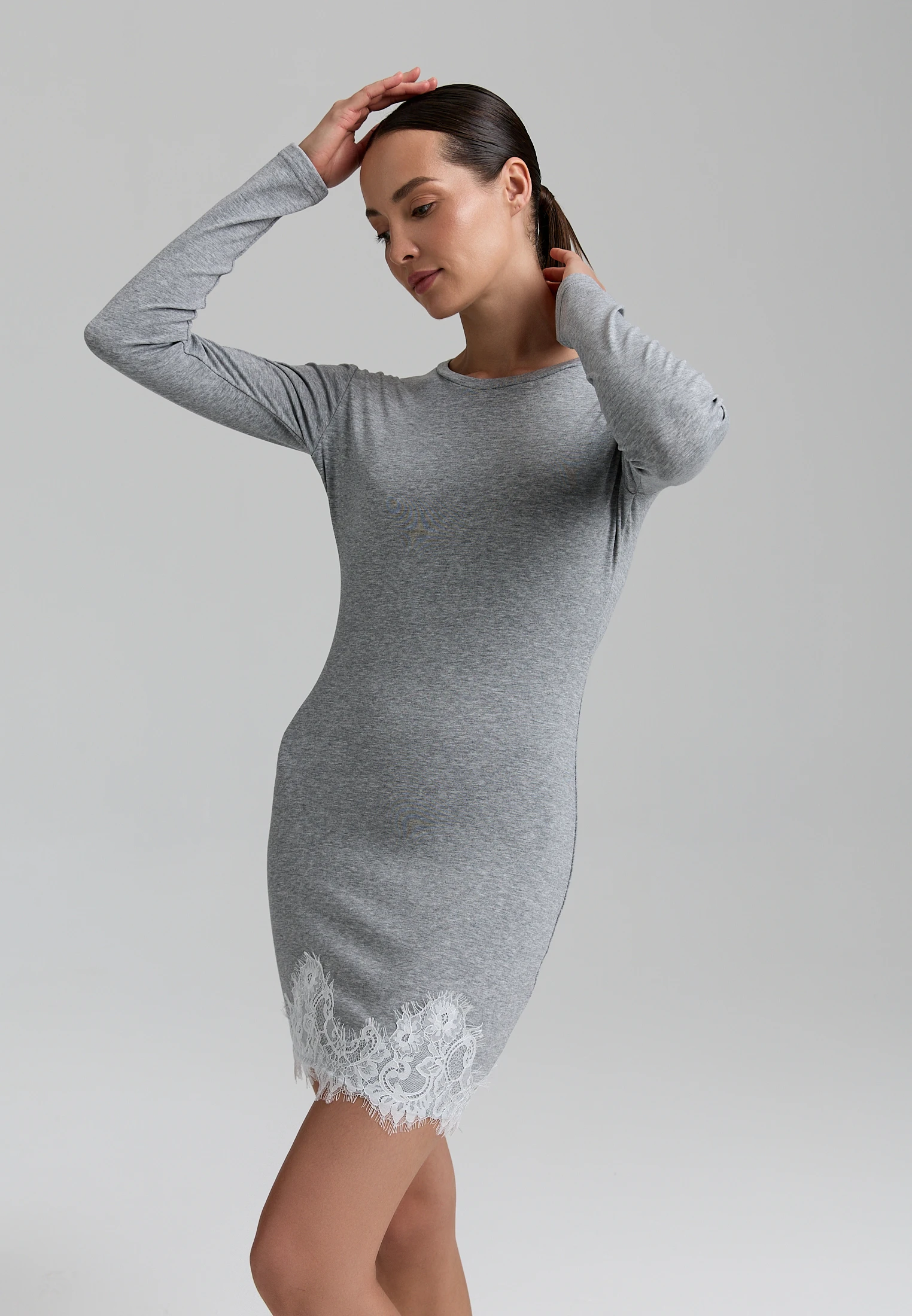 Knit Lace-Hem Dress — Серый меланж