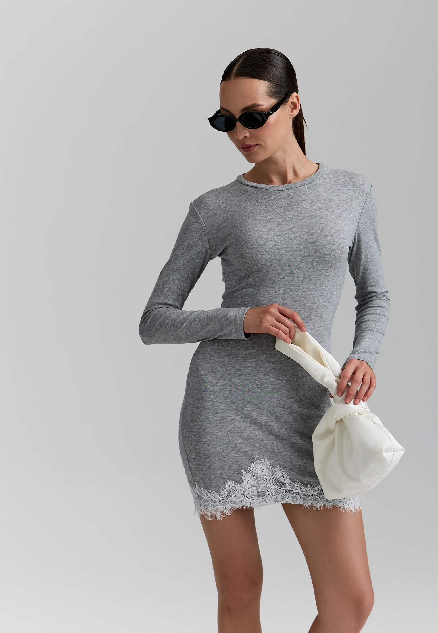 Knit Lace-Hem Dress — Серый меланж