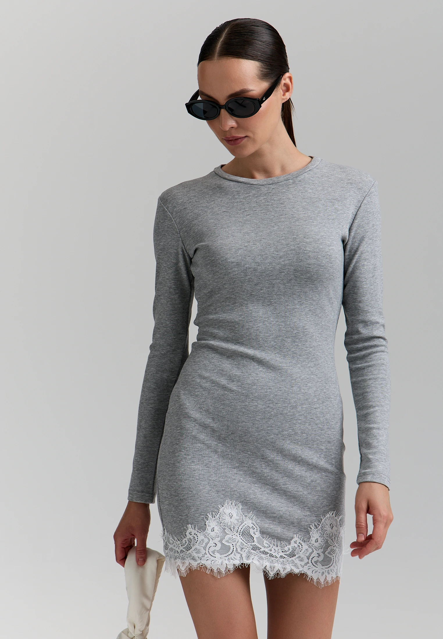 Knit Lace-Hem Dress — Серый меланж