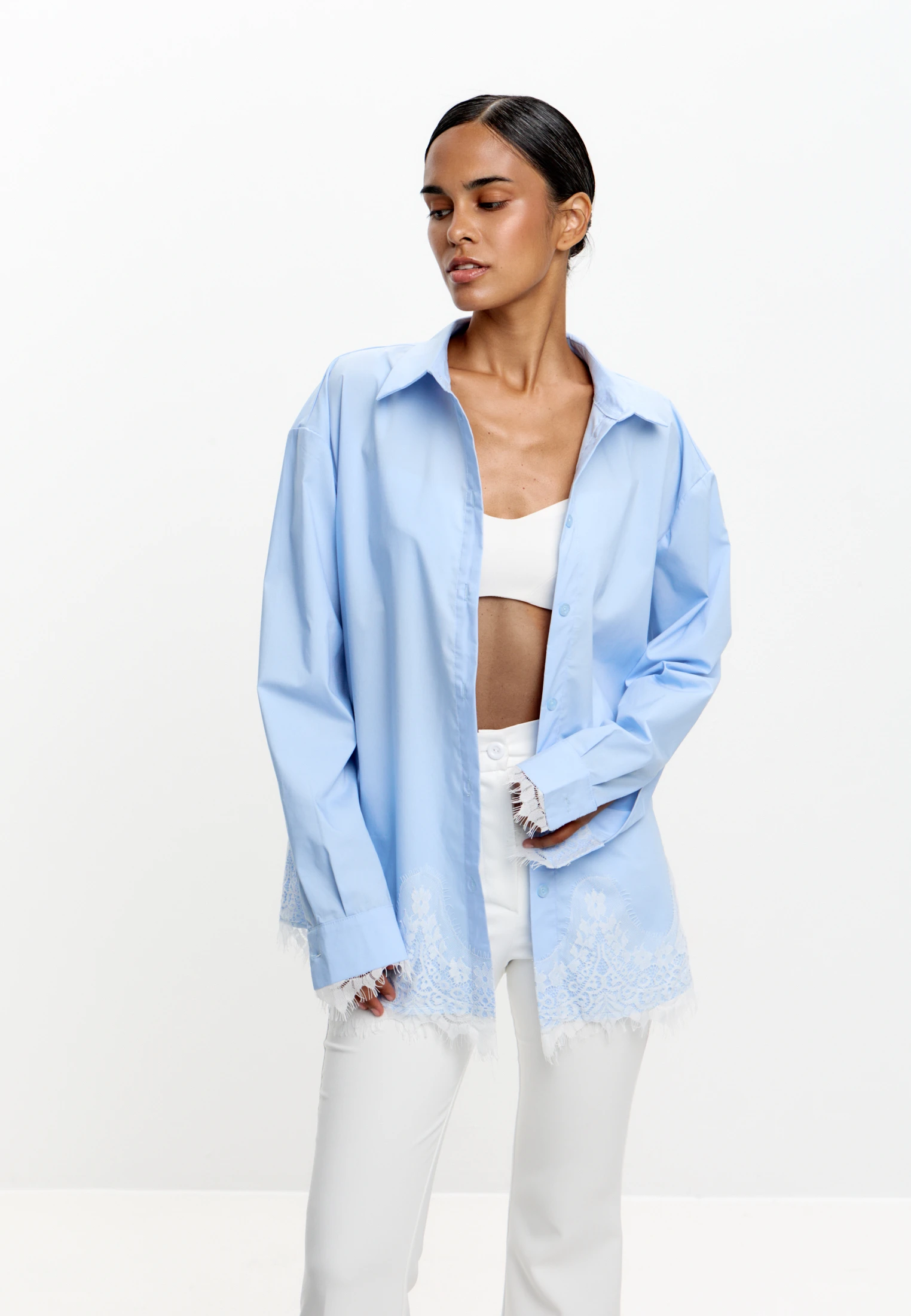 Oversized Lace-Hem Shirt — Голубой