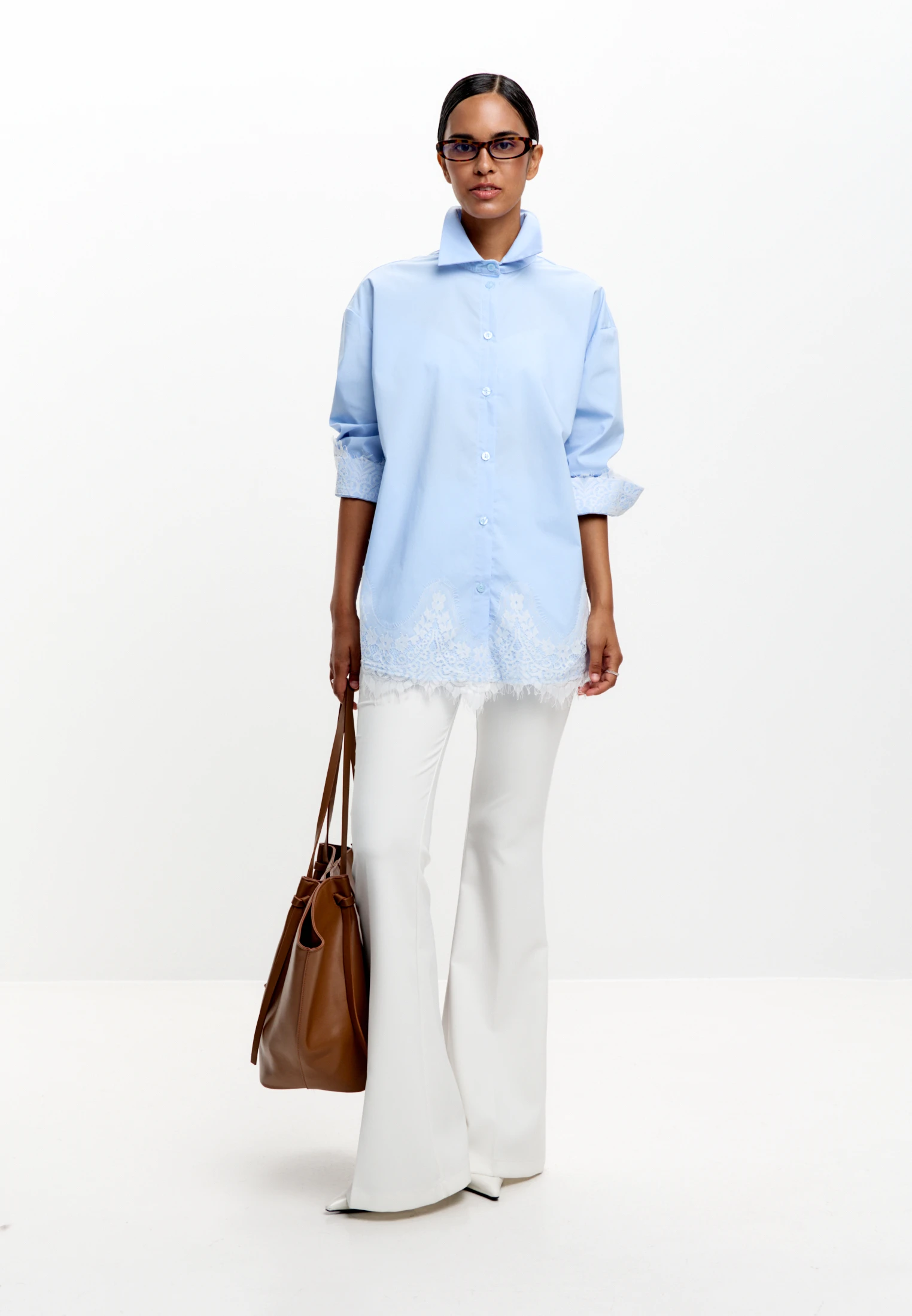 Oversized Lace-Hem Shirt — Голубой